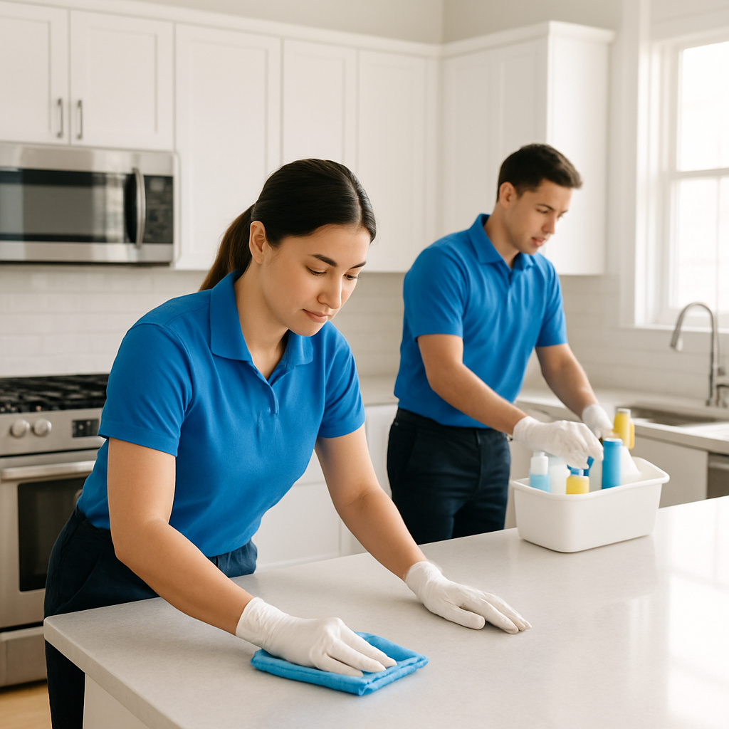 Professional cleaning team in modern kitchen